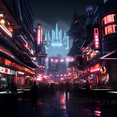 Neon-lit marketplace in a bustling cyberpunk city.  - obrazy, fototapety, plakaty