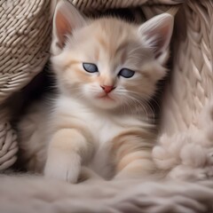 A sleepy kitten nestled in a cozy bed, with a tiny snore escaping its lips1