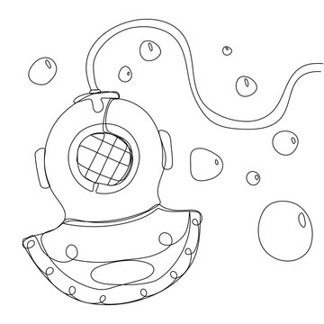 Vintage diving helmet in continuous one line art style. Simple vector illustration