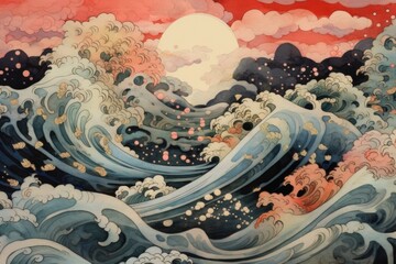 Wave Ukiyo-e painting, whimsical abstract landscapes romantic, dreamy, elegant	
