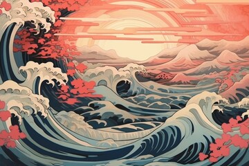 Wave Ukiyo-e painting, whimsical abstract landscapes romantic, dreamy, elegant	
