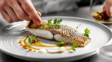 Culinary maestro crafts exquisite sea bass dish - obrazy, fototapety, plakaty