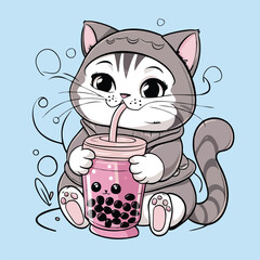  Kawai anime cat vector illustration for t-shirt design. The playful cat and drinking bubble tea cup. illustration for use to t-shirt, stickers, marchendise and more