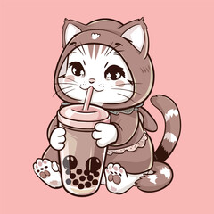  Kawai anime cat vector illustration for t-shirt design. The playful cat and drinking bubble tea cup. illustration for use to t-shirt, stickers, marchendise and more