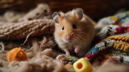 Cute Hamster with Brown and White Fur Nestled in Warm, Patterned Blankets