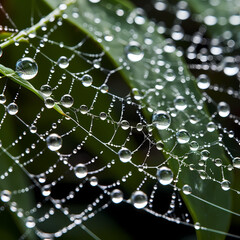 A close-up of water droplets on a spiderweb.