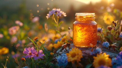 Jar of golden honey surrounded by bees and colorful wildflowers in a field at sunset - obrazy, fototapety, plakaty