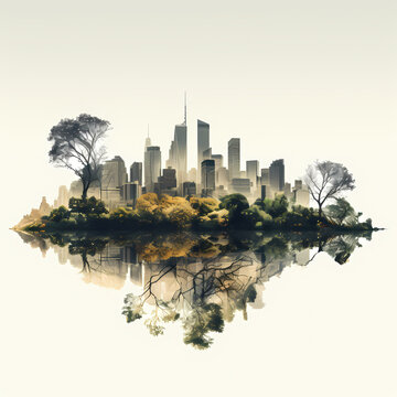 A double exposure image of a city skyline and a tree