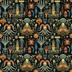 Fictional sea creatures wallpaper, seamless pattern, sea creatures background, weird sea lifeforms, deep-sea aliens, fantasy sea creatures, marine life