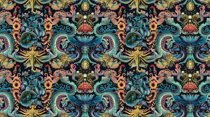 Fictional sea creatures wallpaper, seamless pattern, sea creatures background, weird sea lifeforms, deep-sea aliens, fantasy sea creatures, marine life