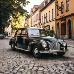  A vintage car parked on a cobblestone street. © Cao
