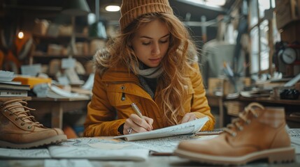 Fototapeta premium A woman is drawing a shoe on a piece of paper. She is wearing glasses and has a pencil in her hand. The shoe is brown and has a lace on it