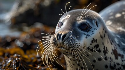 Close-Up View of a Spotted Seal Basking in Sunlight Amidst Seaweed on a Rocky Shore