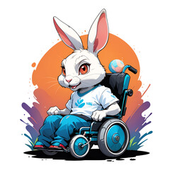 cartoon rabbit using a wheelchair for t-shirts and stickers