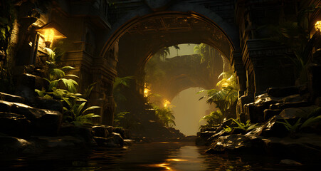 a dark tunnel filled with lush green plants - Powered by Adobe