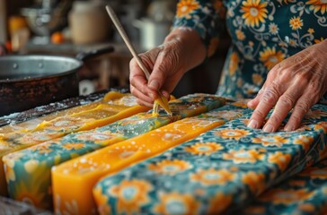 Hands preparing homemade beeswax wraps with patterned cotton fabric and melted beeswax