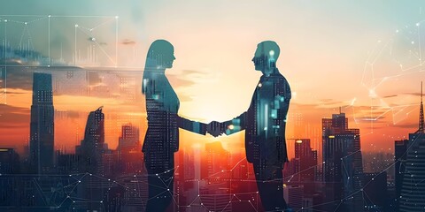 Double exposure image of business people handshake on city office building in background showing partnership success of business deal. Concept of corporate teamwork, trust partner and work agreement.