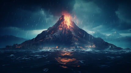 Volcanic Eruption with Fiery Lava Flowing into Sea During Rain - obrazy, fototapety, plakaty