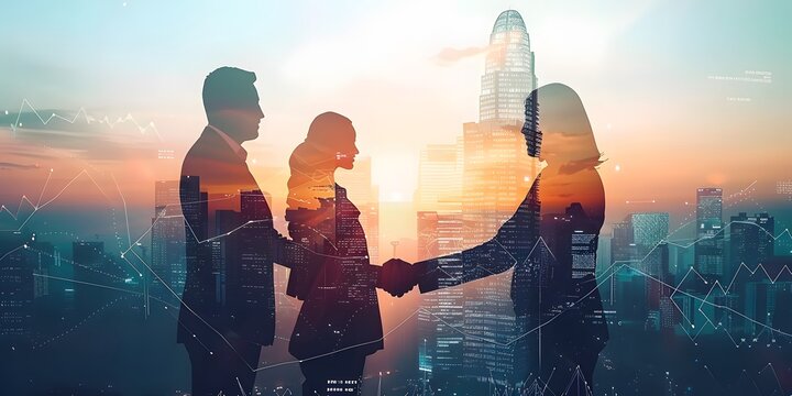 Double exposure image of business people handshake on city office building in background showing partnership success of business deal. Concept of corporate teamwork, trust partner and work agreement.