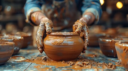 Obraz premium A craftsman shaping a clay pot on a spinning wheel in a pottery studio, surrounded by handmade ceramic pieces.
