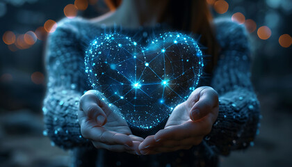 "Blue Heart Shape Network in Hands - Health Data - Information Exchange - Data Visualization"