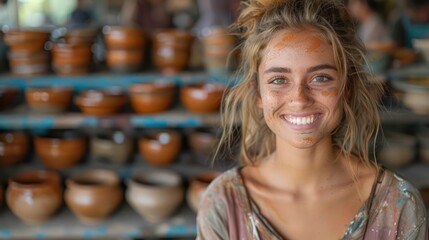 A woman with a painted face is smiling at the camera