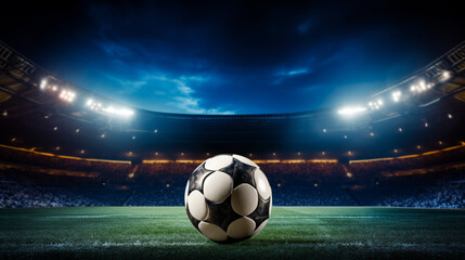 Fototapeta premium Soccer Ball on Stadium Turf with Blue Night Sky and Spotlights