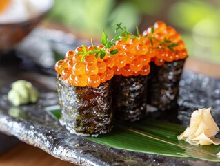 Delicate sea urchin and salmon roe set highlighted by the finesse of sushi chefs in a traditional