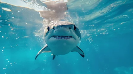 Wandaufkleber Adorable shark photo, cute shark underwater scene, happy shark mobile wallpaper. © UMPH.CREATIVE