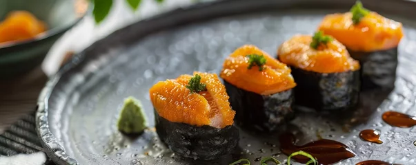 Fotobehang Delicate sea urchin sushi a highlight of artisanal skill © WARIT_S