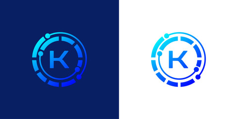creative modern digital technology letter K icon logo design. with dotted circular Lines connection points. on white and black background logo can be used for technology, digital, connection, data