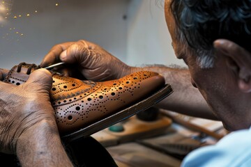 A man is working on a shoe with a pair of scissors - obrazy, fototapety, plakaty