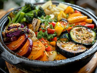 Elegant plant-based hotpot showcasing the richness and variety of veggies for a sophisticated