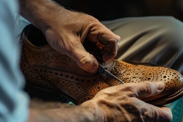A man is fixing a shoe with a pair of scissors - obrazy, fototapety, plakaty