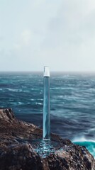 A slender, towering perfume bottle, standing elegantly on the edge of a cliff, with the vast ocean sprawling into the horizon, embodying freedom and the infinite low texture
