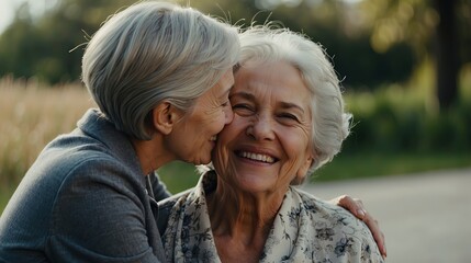 Fototapeta premium Cheerful Woman Elders Happy Smiling Together Enjoying Life. Love retirement bonding concept