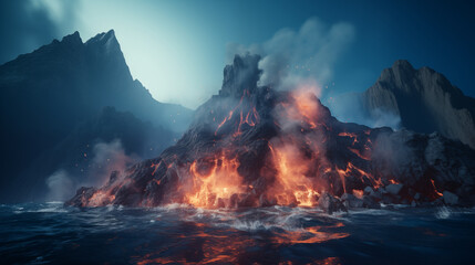 Dramatic Oceanic Volcanic Eruption at Twilight with Fiery Lava Flows - obrazy, fototapety, plakaty