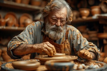 A craftsman skillfully shapes clay on a pottery wheel. Surrounded by tools Rustic style workshop Shelves with pottery.