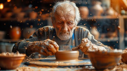 Elderly potter at a wheel, hands covered in clay. Deep lines on his face. Spinning pottery. Rustic studio.