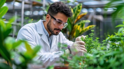 Male Botanist Examining Plants in Greenhouse Research Facility