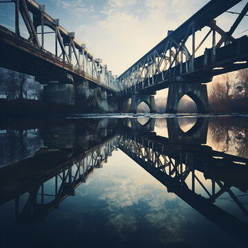 Reflection of a bridge in still water.