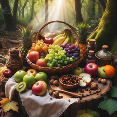 baryane tabaleplats  the garden inone table on the a basket full of the grapes, apple , ctarbe an - obrazy, fototapety, plakaty