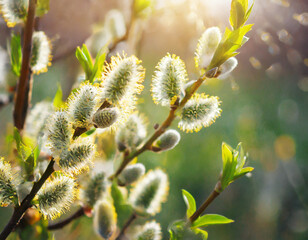 Fototapeta premium Blossoming willow branches on a blue background. Spring background