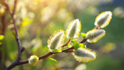Fototapeta premium Blossoming willow branches on a blue background. Spring background