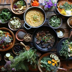 Garden-to-pot vegetarian feast showcasing a variety of natural