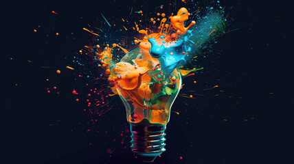 Creative light bulb explodes with colorful paint and splashes on a black background. Think differently creative idea concept Generative AI - obrazy, fototapety, plakaty
