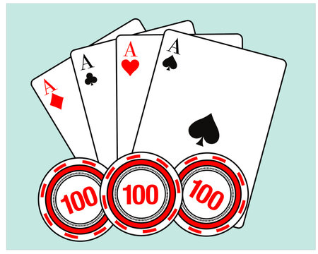 Four aces playing cards - Four Of A Kind poker hand consisting of four ace cards, Ace of Hearts, Spades, Clubs and Diamonds card, Chip Slot vector illustration isolated on white background