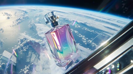 An iridescent perfume bottle, floating in the zero gravity of a space shuttle, capturing the futuristic blend of science and beauty no splash - obrazy, fototapety, plakaty