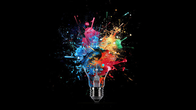 Creative light bulb explodes with colorful paint and splashes on a black background. Think differently creative idea concept Generative AI