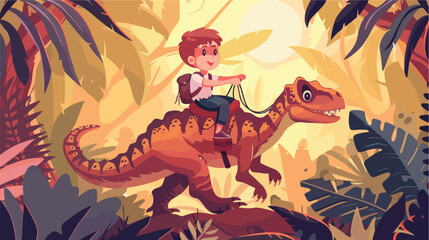 Little boy explorer riding a dinosaur velociraptor